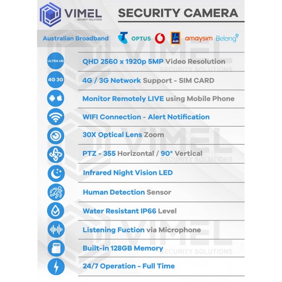 Human Detection 4G SIM Card Security Camera 30X Optical 5MP 2K 